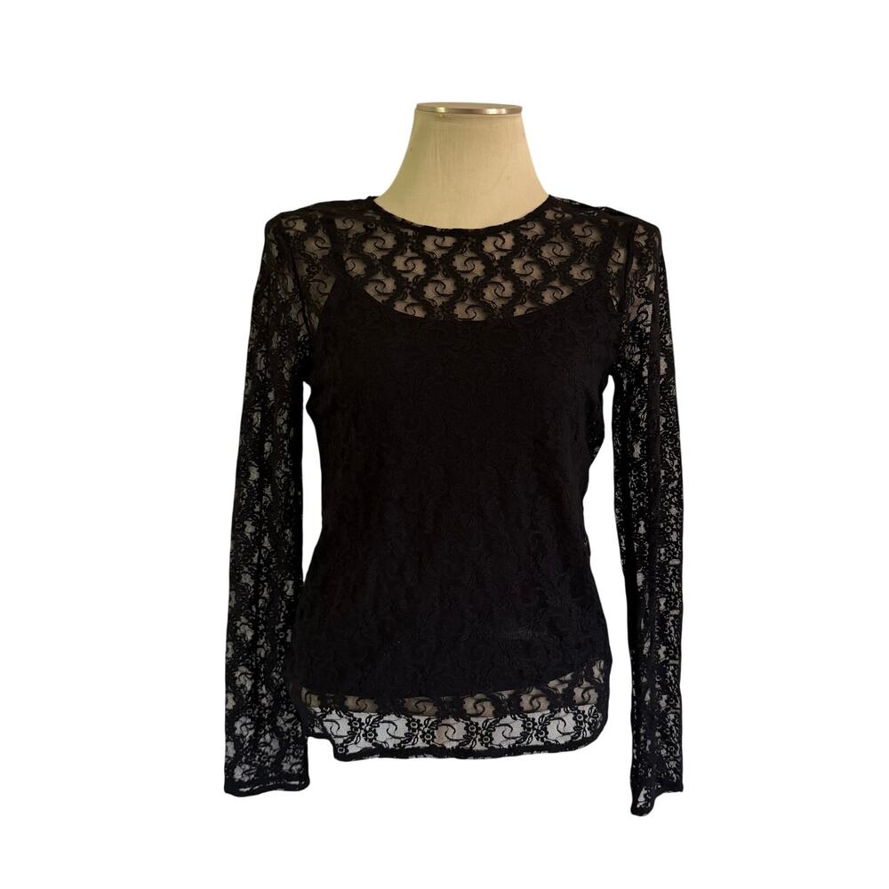Ralph Lauren Black Layered Lace Overlay Blouse Sz M Whimsigoth Fairy Grunge Y2K